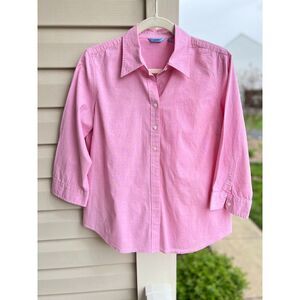 Vintage IZOD Pink Chambray Button down 3/4 Sleeves Blouse Sz Large